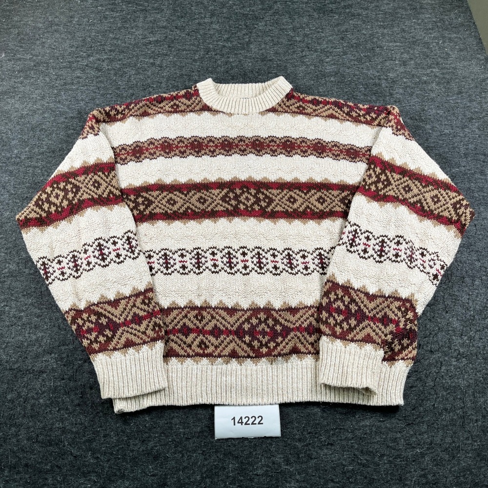Van Heusen Sweater Mens XL Cream Vintage 90s Fair Isle Cotton Knit USA Made